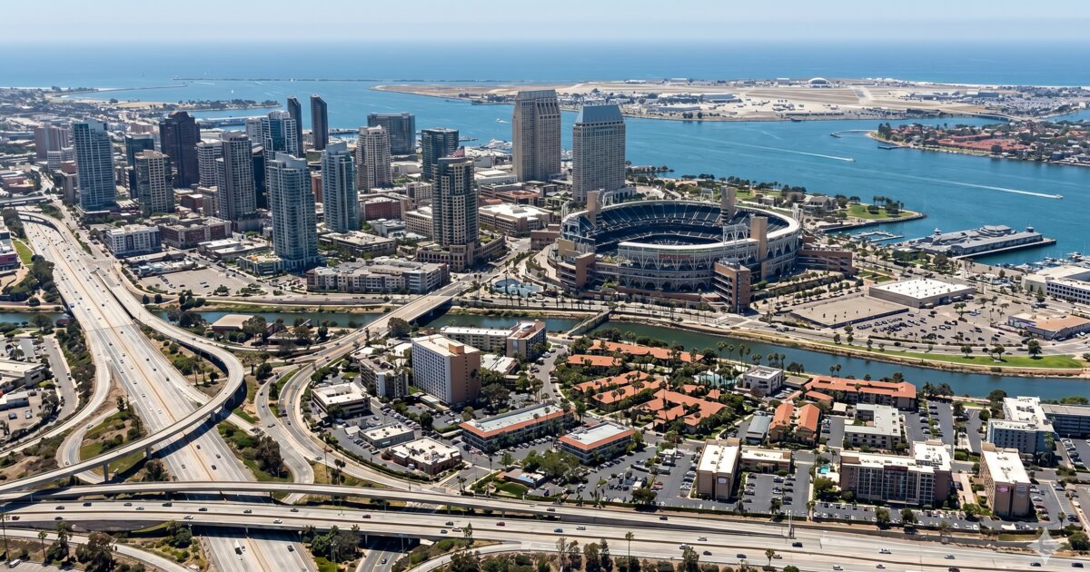Aerial view of Downtown San Diego, CA — I-10 Restoration serves all of San Diego County